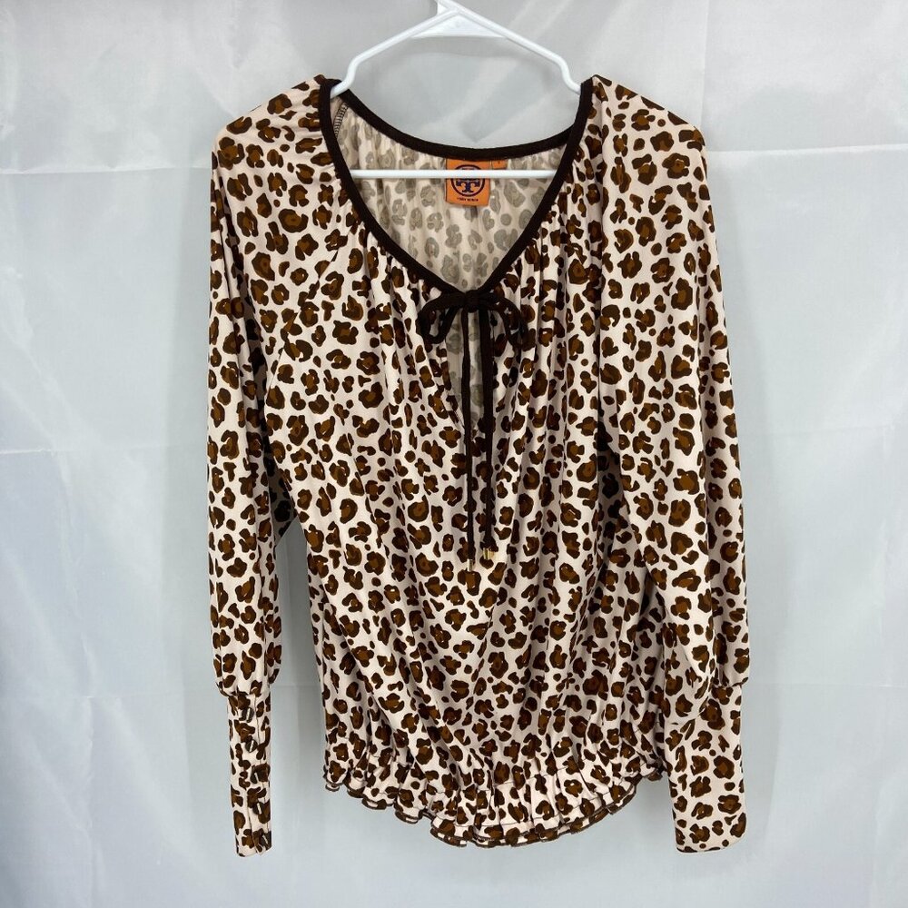 Tory Burch Women S Darlene Top Leopard Print Long Sleeve Oversized Keyhole Tie